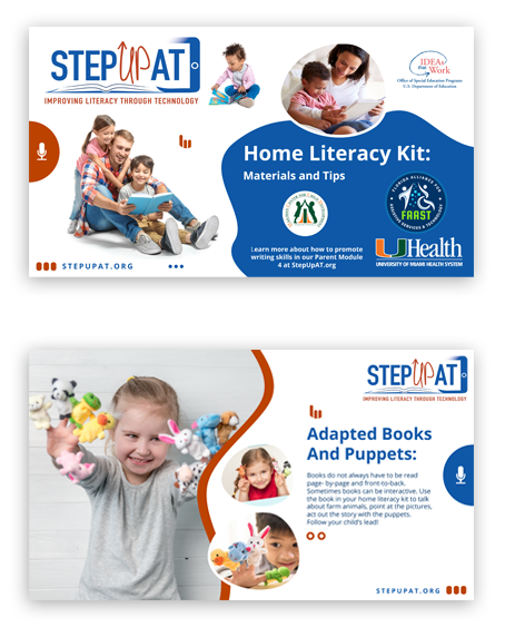 Parent Home Literacy Kit by Step Up AT is a parent resource for parents and caregivers can learn ways to adapt their home environment to engage their children in early literacy