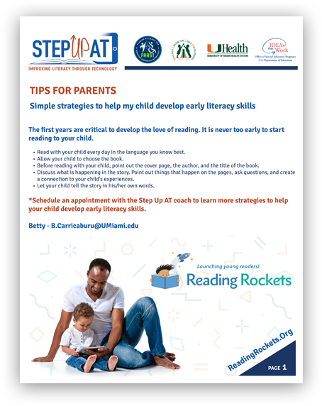 Step Up AT Parent Resource offering tips on how to help their kids develop a love of reading in English