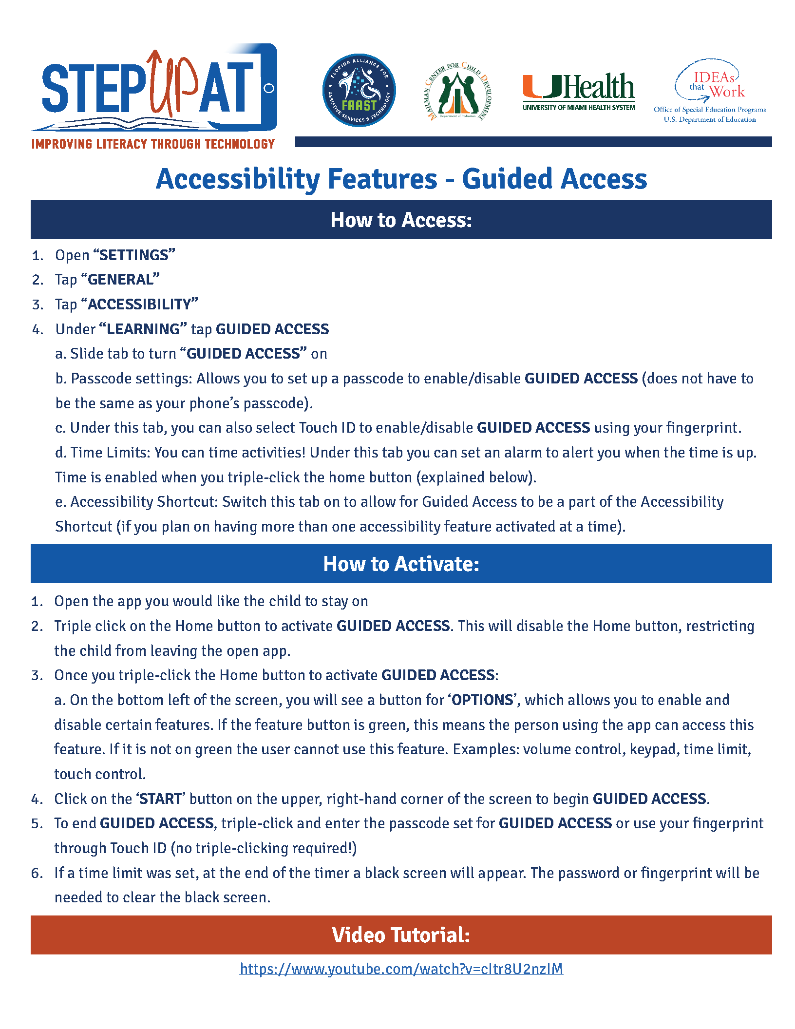 iOS Accessibility Features, how to set up Guided Access in English