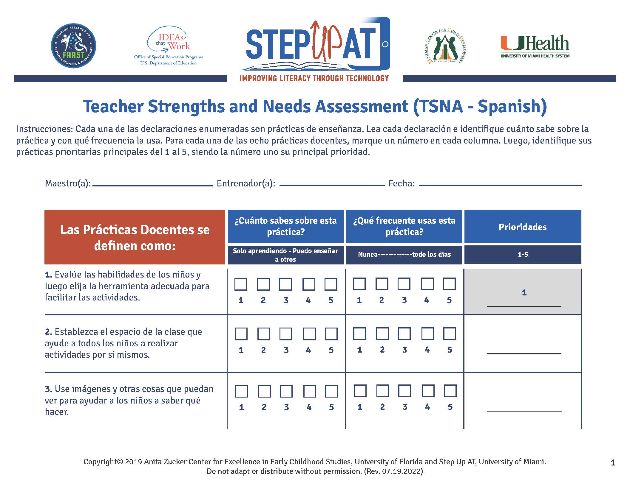 TNSA - Teacher Strengths and Needs Assessment form in Spanish by Step Up AT screenshot
