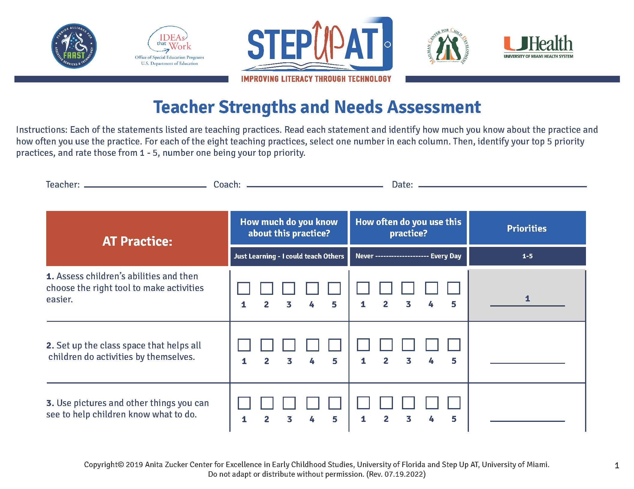 TNSA - Teacher Strengths and Needs Assessment form by Step Up AT screenshot