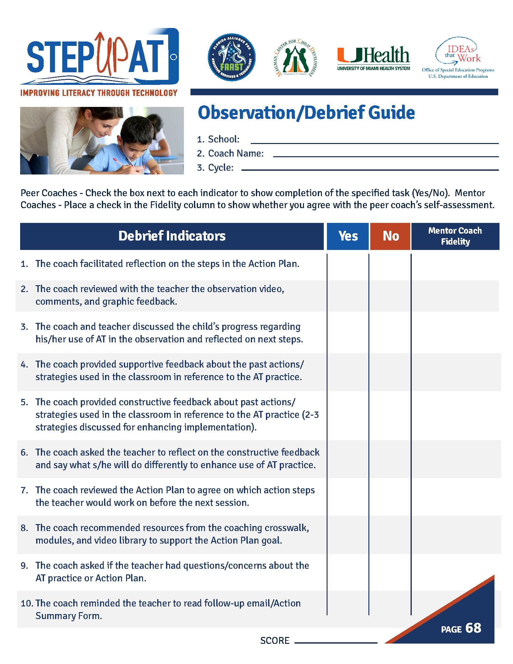 Step Up AT sample of the Observation Debrief Guide from the Coaching Manual