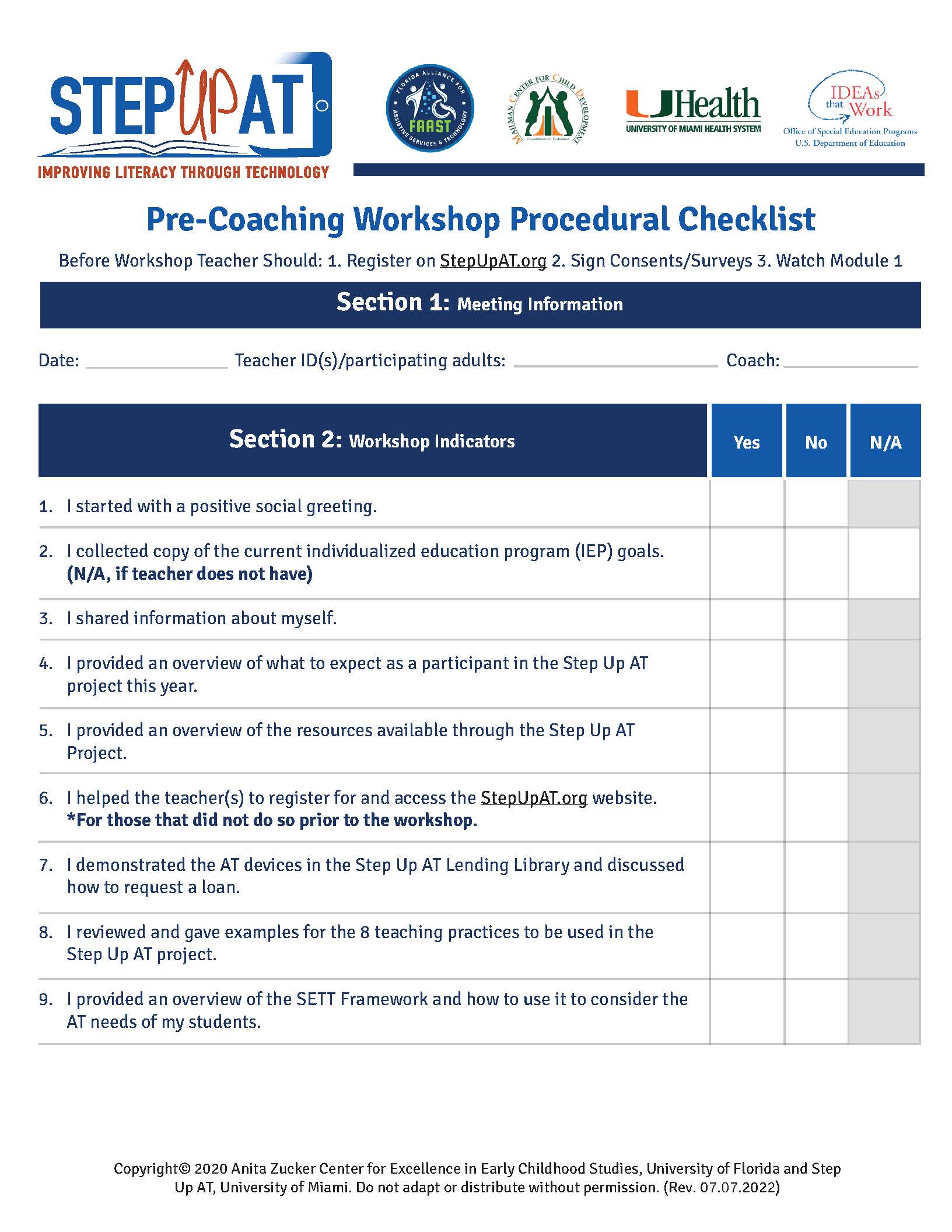 Step Up AT Pre-Coaching Procedural Checklist