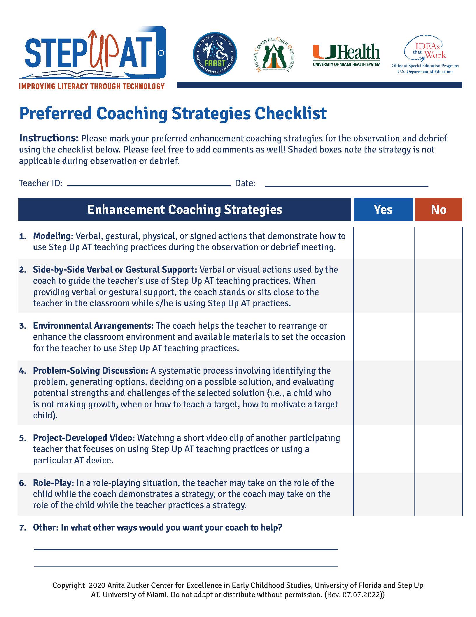 Step Up AT Preferred Coaching Strategies Checklist
