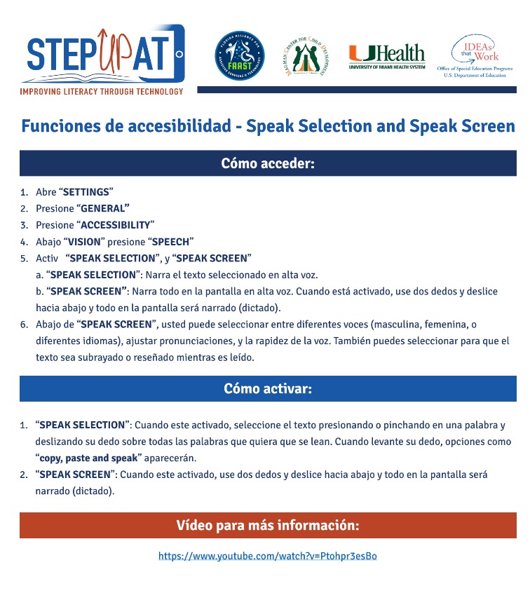 Accessibility Functions for Speak Selection and Speak Screen by Step Up AT form in Spanish screenshot.
